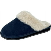 Womens Open Back Suede Leather Comfort Clog Slipper JMS0583C - Plush Faux Fur Trim - Indoor Outdoor House Slippers For Women (Navy Premium Suede, 6)